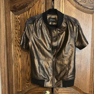 Neiman Marcus metalic bronze real leather Bomber Jacket
